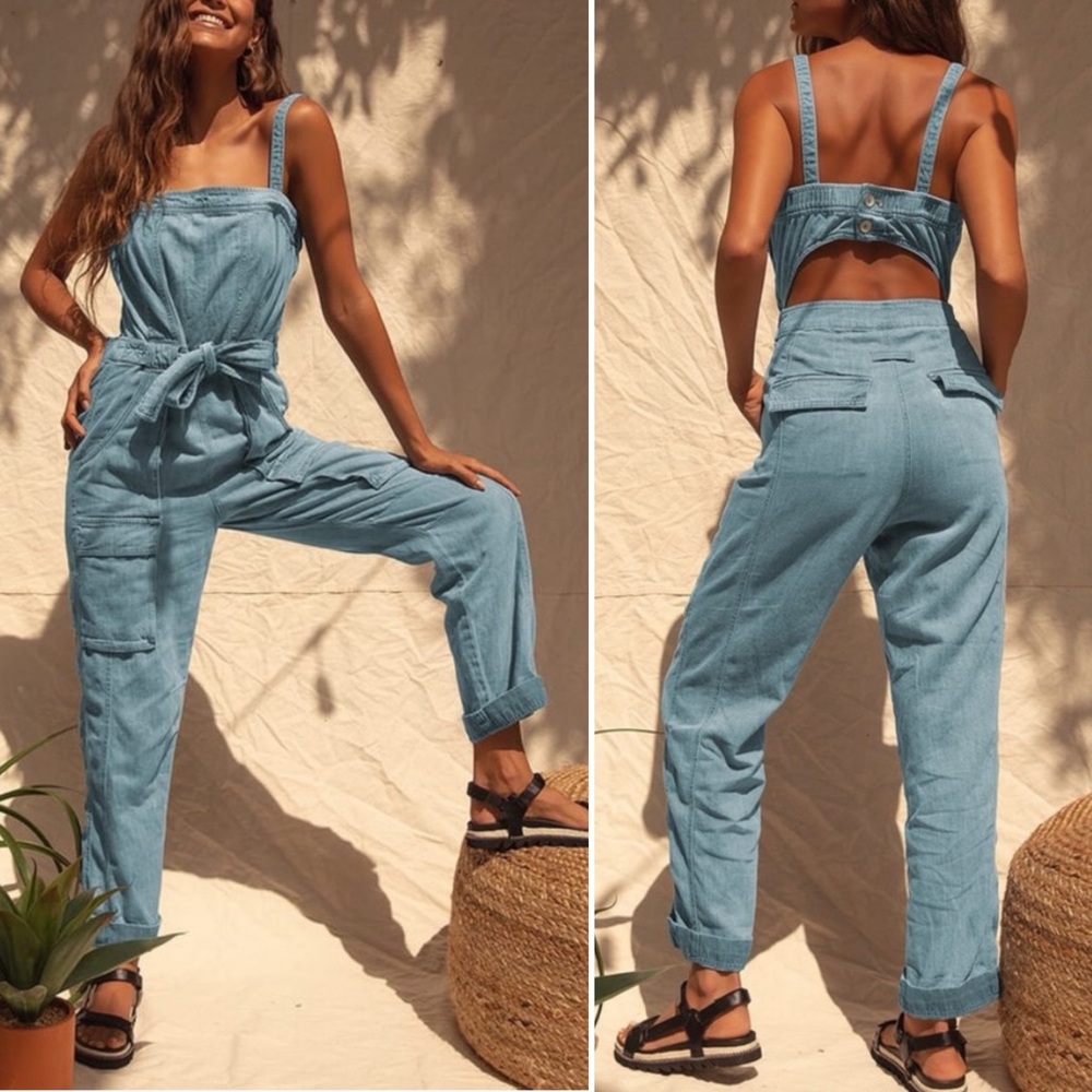 Free People Go West Denim Open Back Cargo Strapless Jumpsuit - Sz S 💛🎀